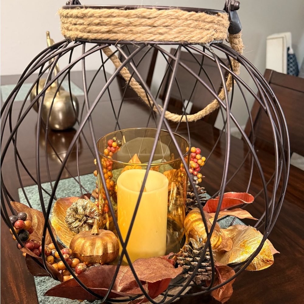 Rustic Black Wire Lantern with Autumn Orange Candle and Accents